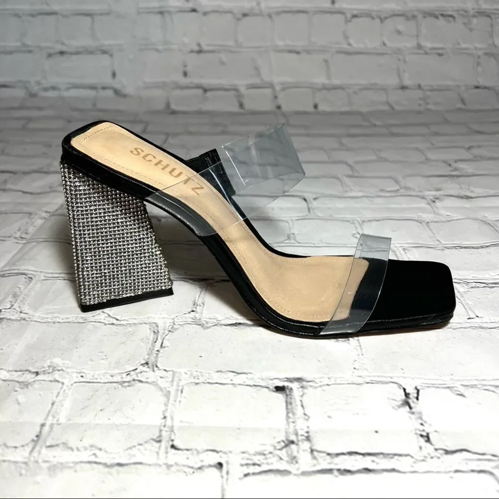 NEW Schutz Ariellen Sandal Clear Black Rhinestone Sandal Sz 7